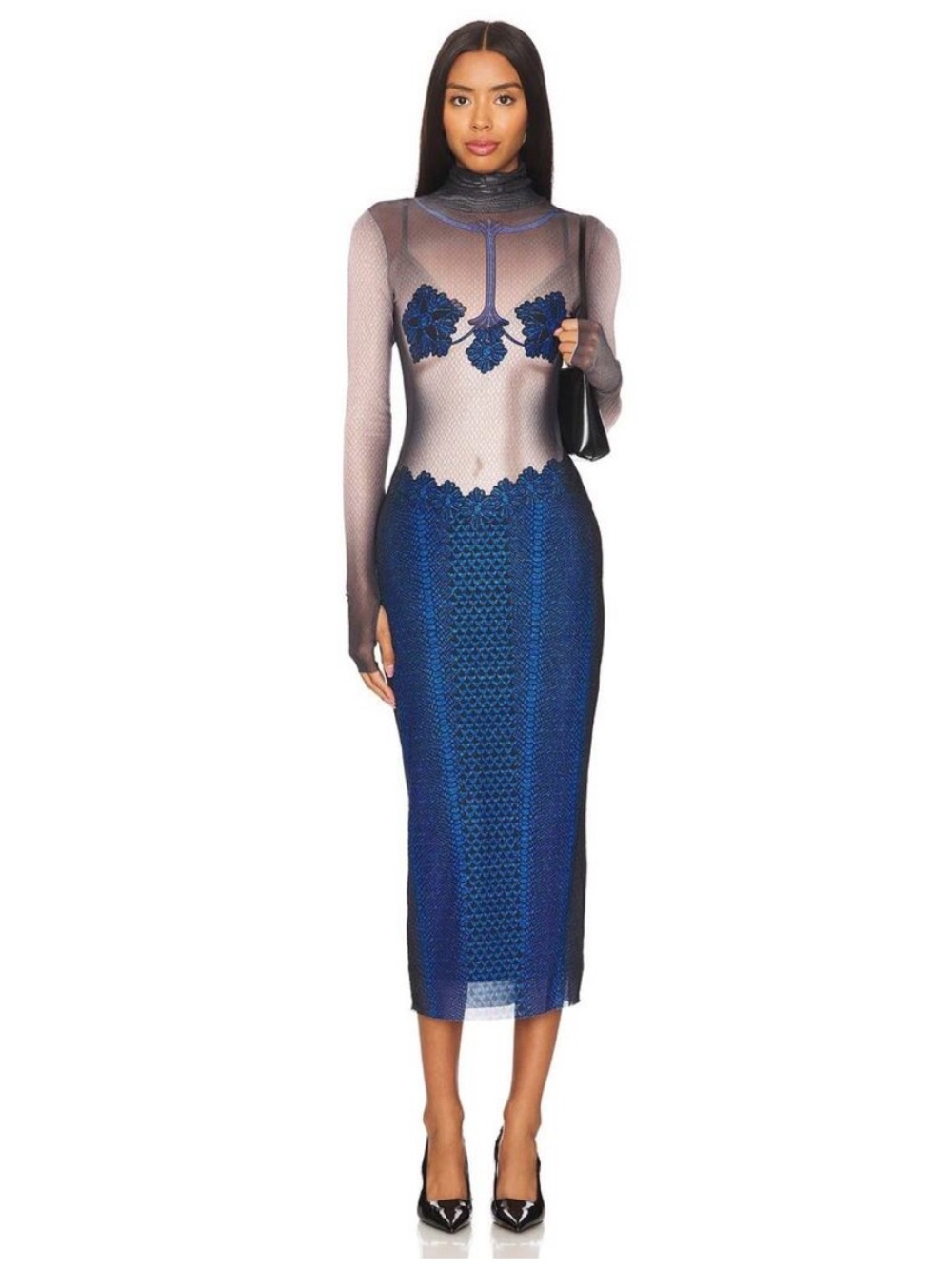 AFRM Shailene Dress in Ornate Navy Mermaid Mesh High Neck Dress *No Slip*